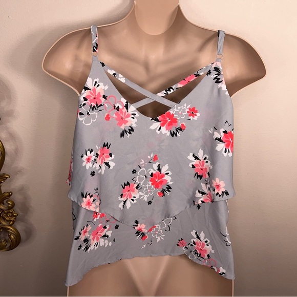 Size 12 Torrid 0 Grey Pink Floral Flowy Blouse Layered Vneck Tank - Picture 5 of 11